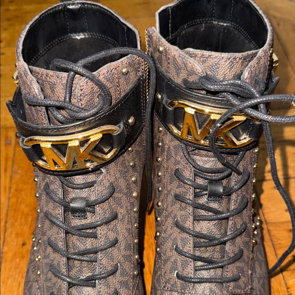 Michael Kors Brown Logo Lace-Up Combat Boots with Gold Hardware - Picture 3 of 4